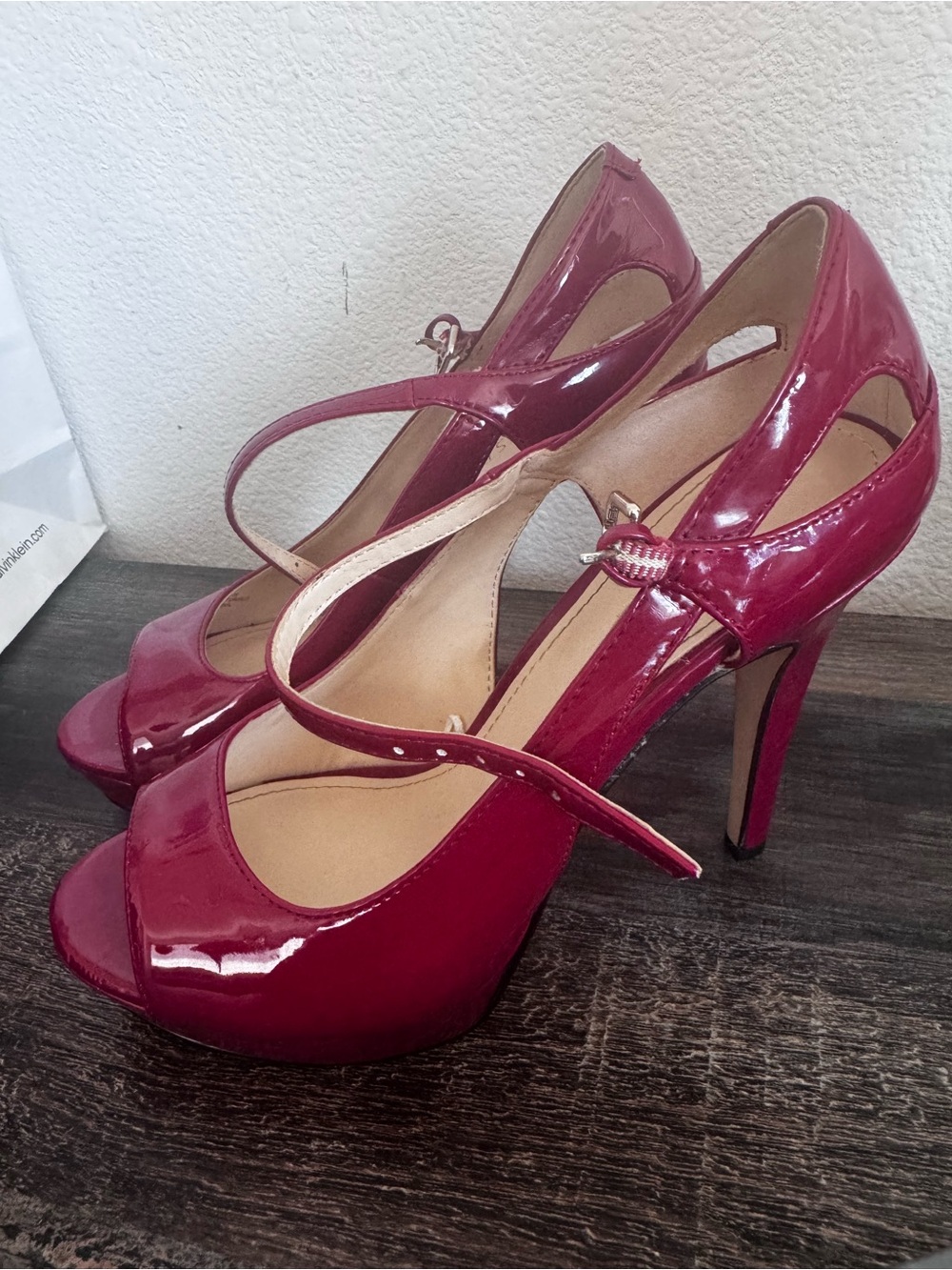Women’s Patent Mary Jane Peep-Toe High Heels — Wine Red